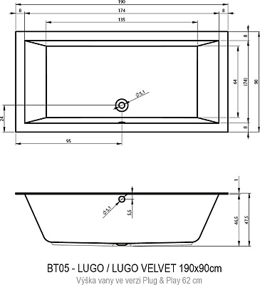 Акриловая ванна RIHO Lugo Plug & Play R 190x90